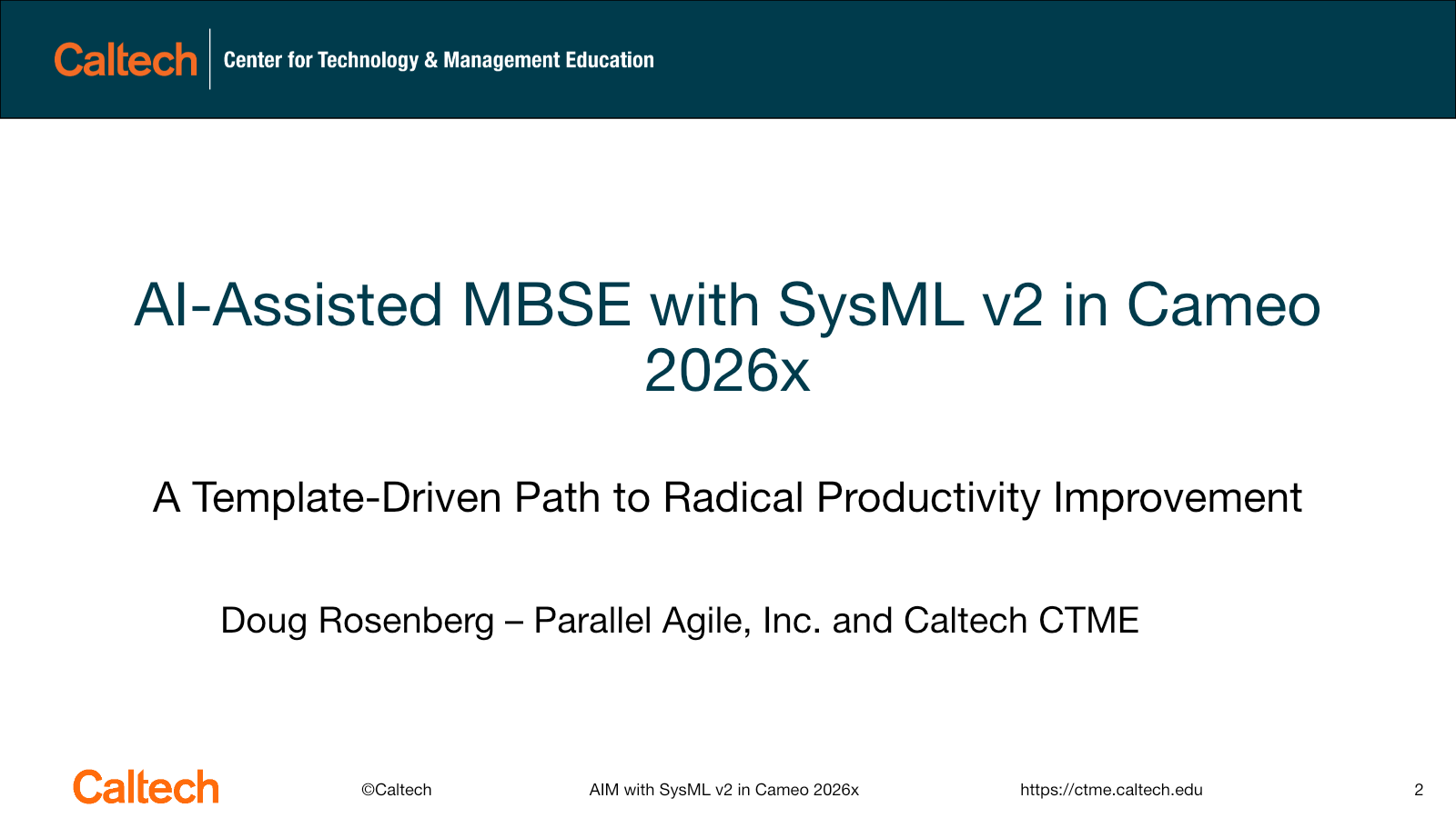 AI-assisted MBSE with SysML v2 in Cameo 2026x title slide