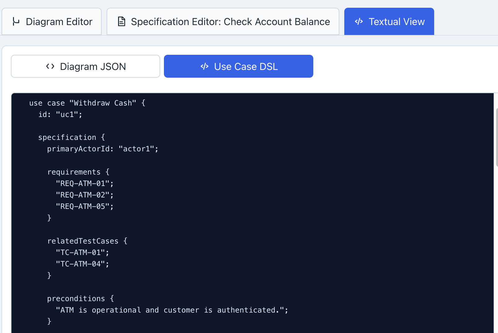 Use Case textual view screenshot