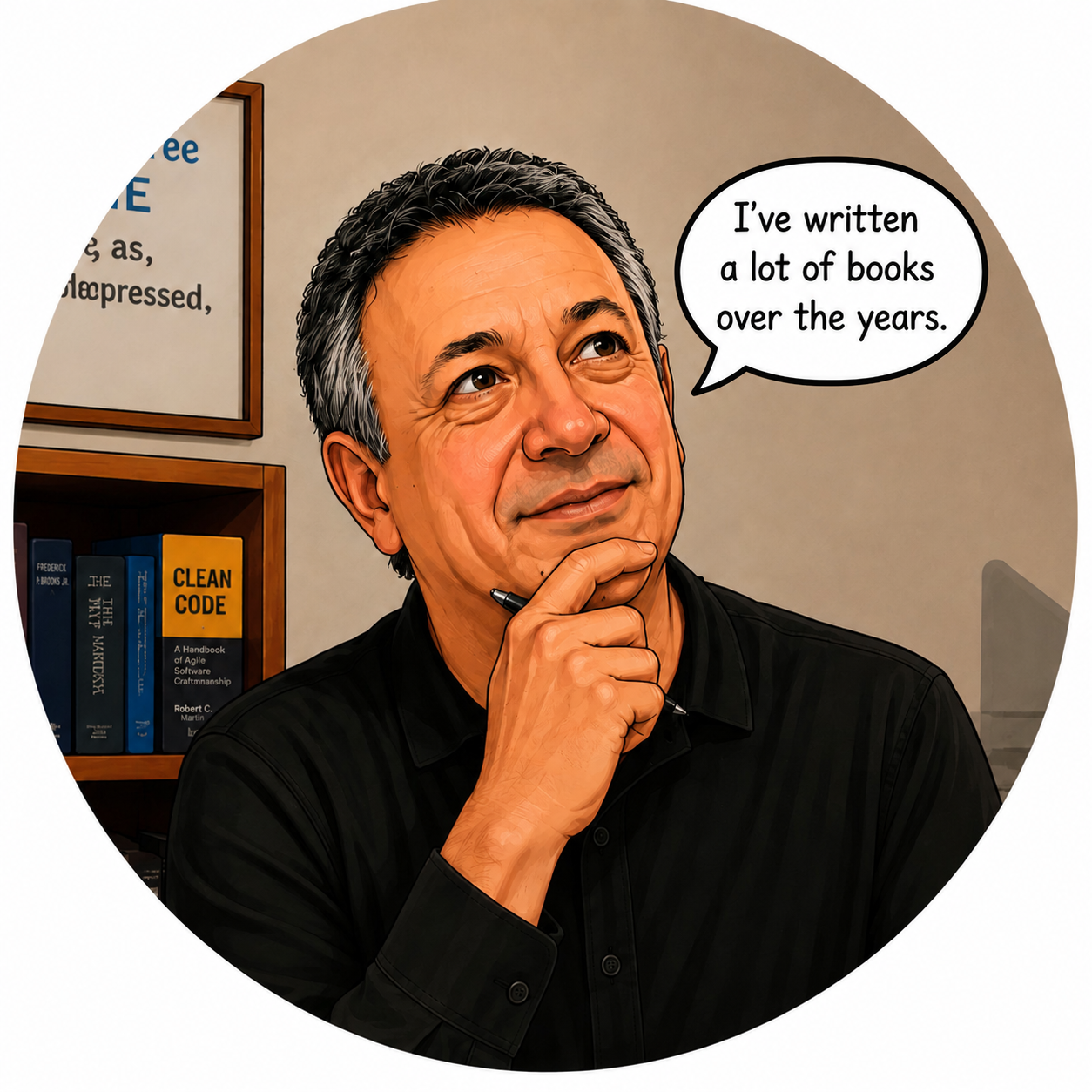 Illustrated headshot of Doug Rosenberg saying he has written a lot of books over the years